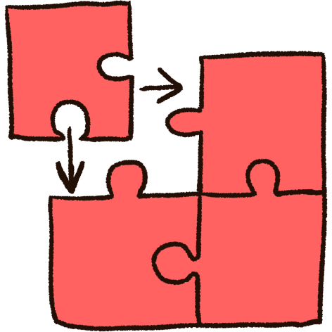 A drawing of four puzzle pieces, with three of them being connected and one of them not. The one that isn't connected has arrows pointing from it to the other pieces. The pieces are pink.